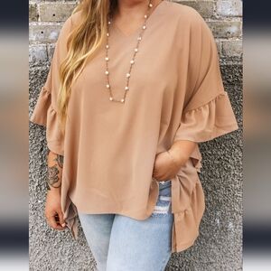 Women's V-Neck Ruffle Sleeve Top - Beige